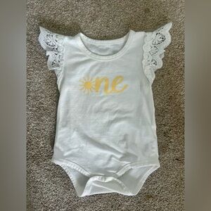 Baby Girl - White Lace Sleeve Baby Onesie with Sunshine “One” Graphic in Yellow